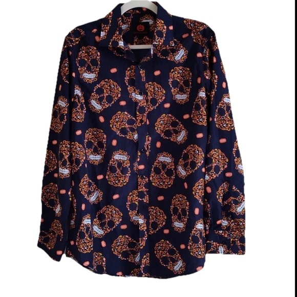 Simon Banks Halloween Skull Button Down Shirt Men’s M Pumpkin Print Novelty Top - Picture 6 of 6